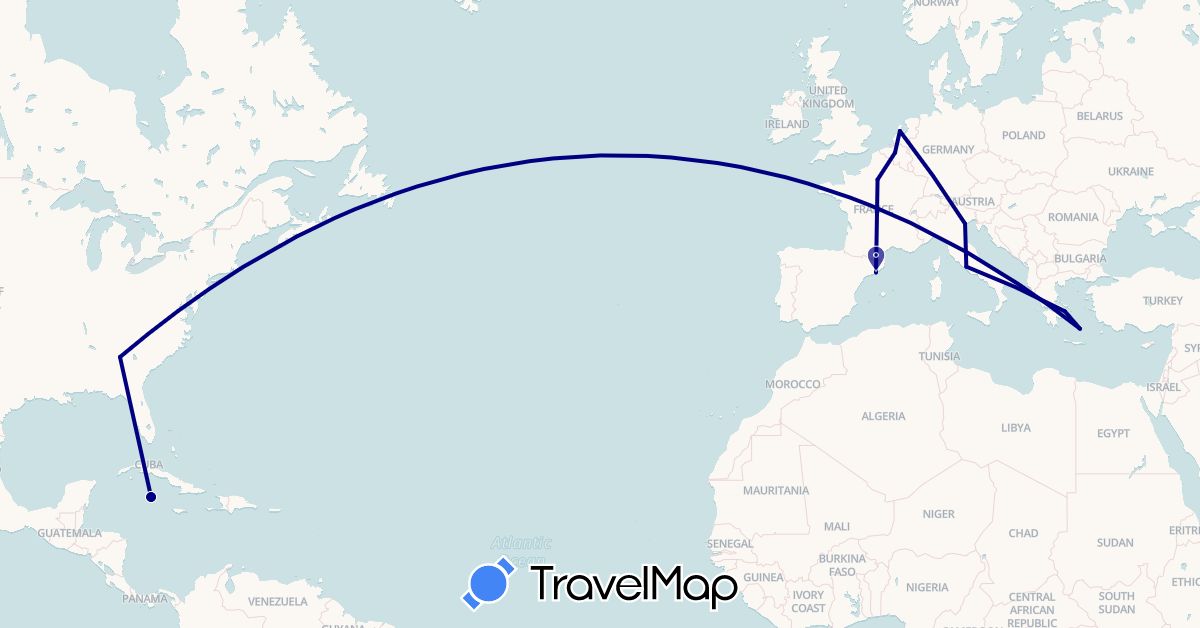 TravelMap itinerary: driving in Belgium, Spain, France, Greece, Italy, Cayman Islands, Netherlands, United States (Europe, North America)